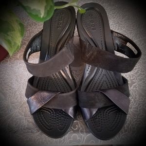 Crocs Faux Suede Strappy Wedge Sandals